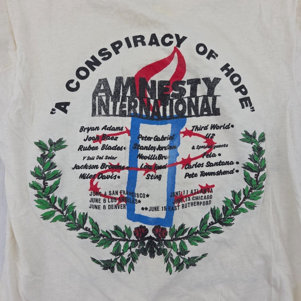 VTG 80s Amnesty International Conspiracy Of Hope Concert Shirt Sz Med STAINED - Picture 11 of 12